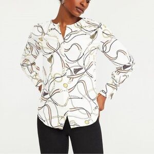 Ann Taylor White and Gold Chain Print Blouse